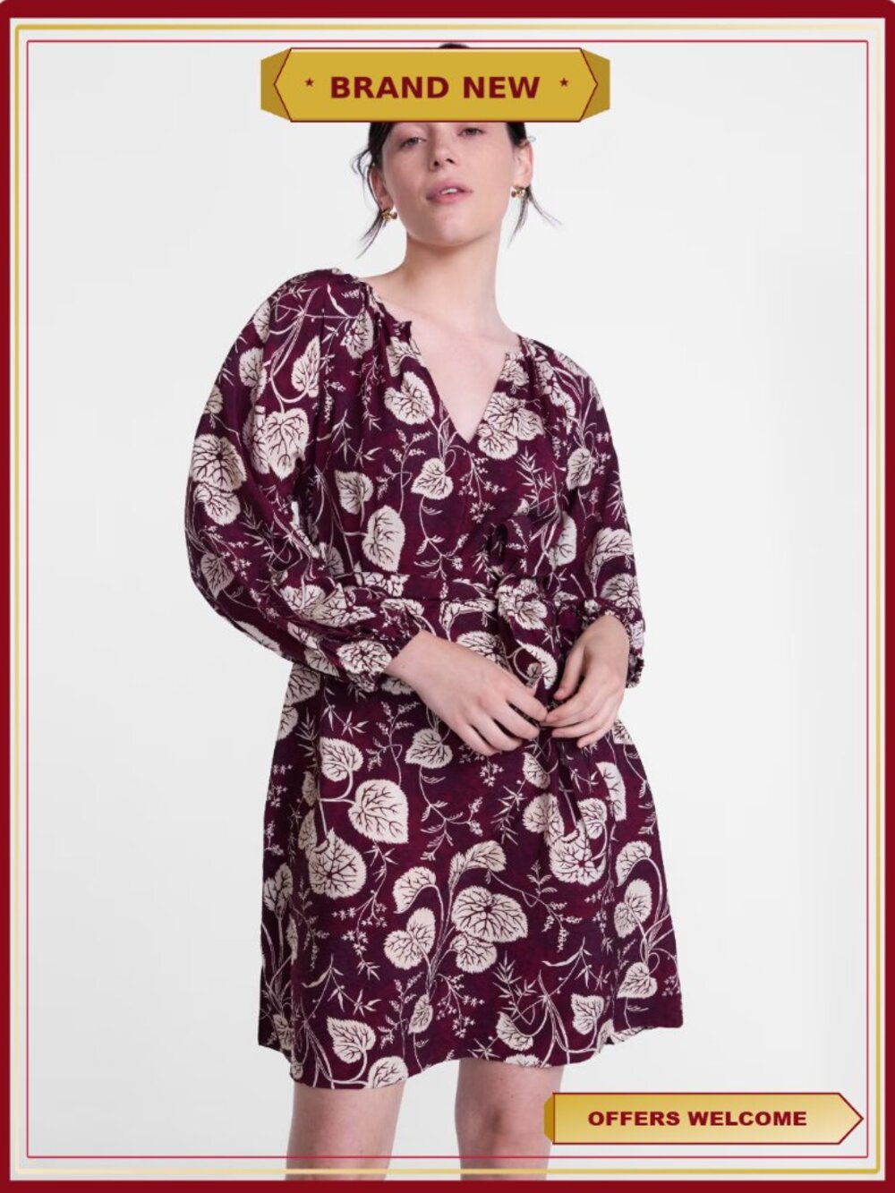 Mini Dress Long Balloon Sleeves Self-Tie Belt Lightweight Breathable